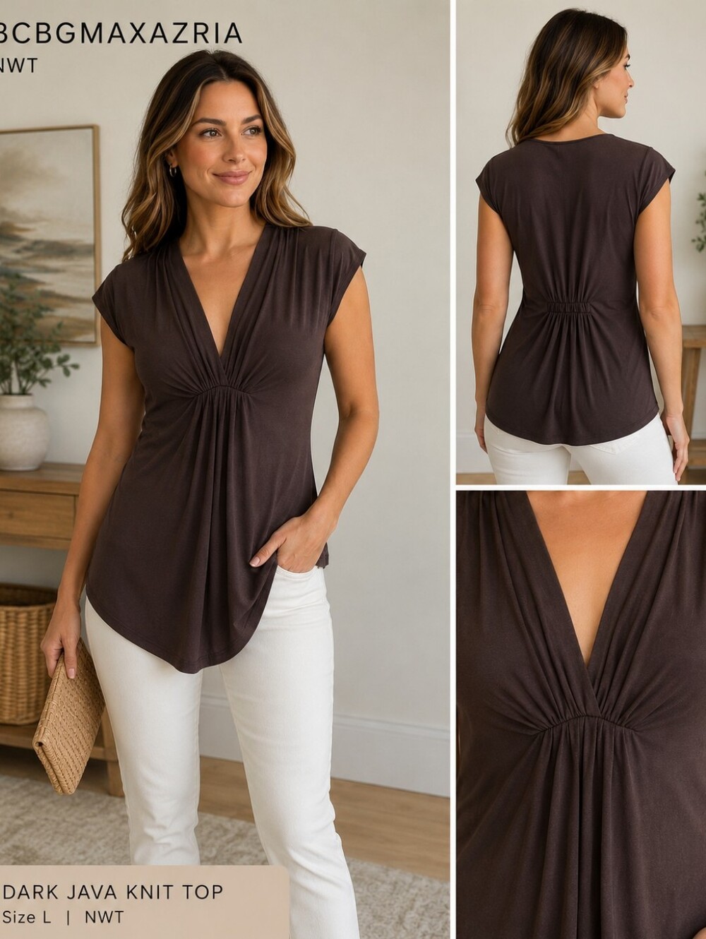 BCBGMAXAZRIA NWT Dark Java Draped V-Neck Cotton Knit Top Size L